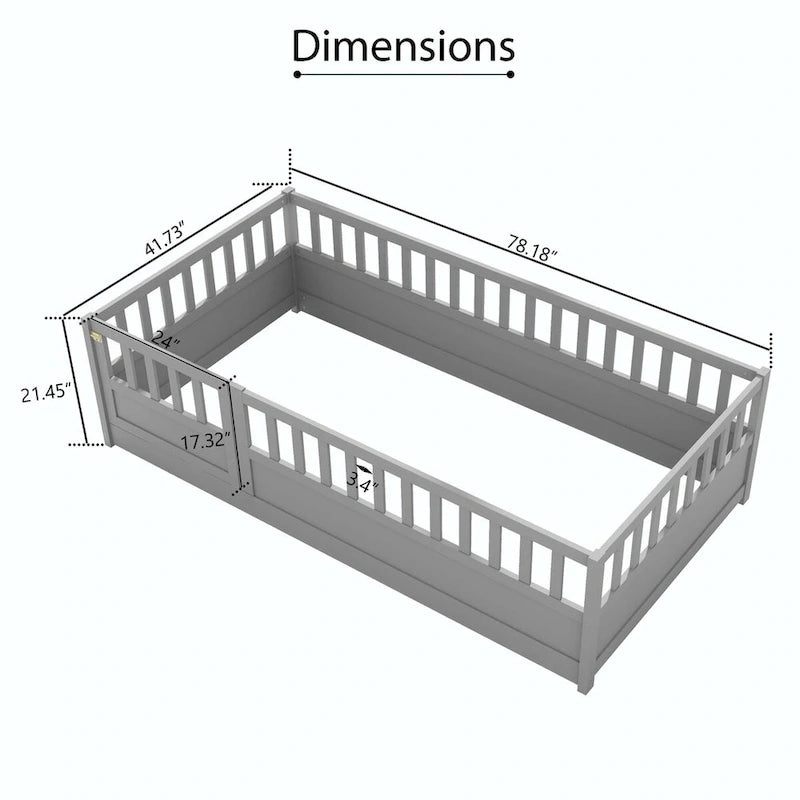 Cama con estructura de pino blanco/gris y barandilla de seguridad – 1 persona (matrimonial/individual)