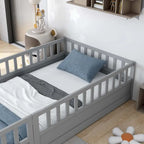 Cama con estructura de pino blanco/gris y barandilla de seguridad – 1 persona (matrimonial/individual)
