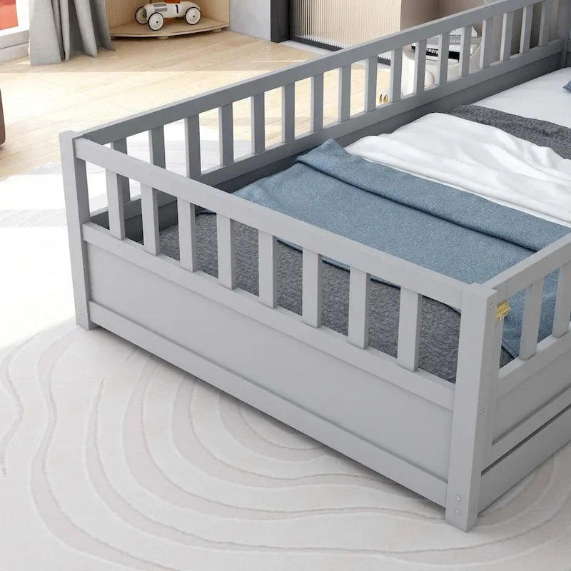 Cama con estructura de pino blanco/gris y barandilla de seguridad – 1 persona (matrimonial/individual)