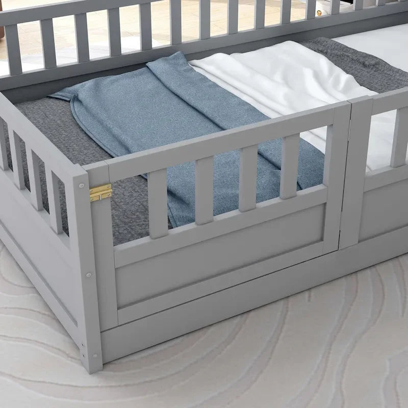 Cama con estructura de pino blanco/gris y barandilla de seguridad – 1 persona (matrimonial/individual)