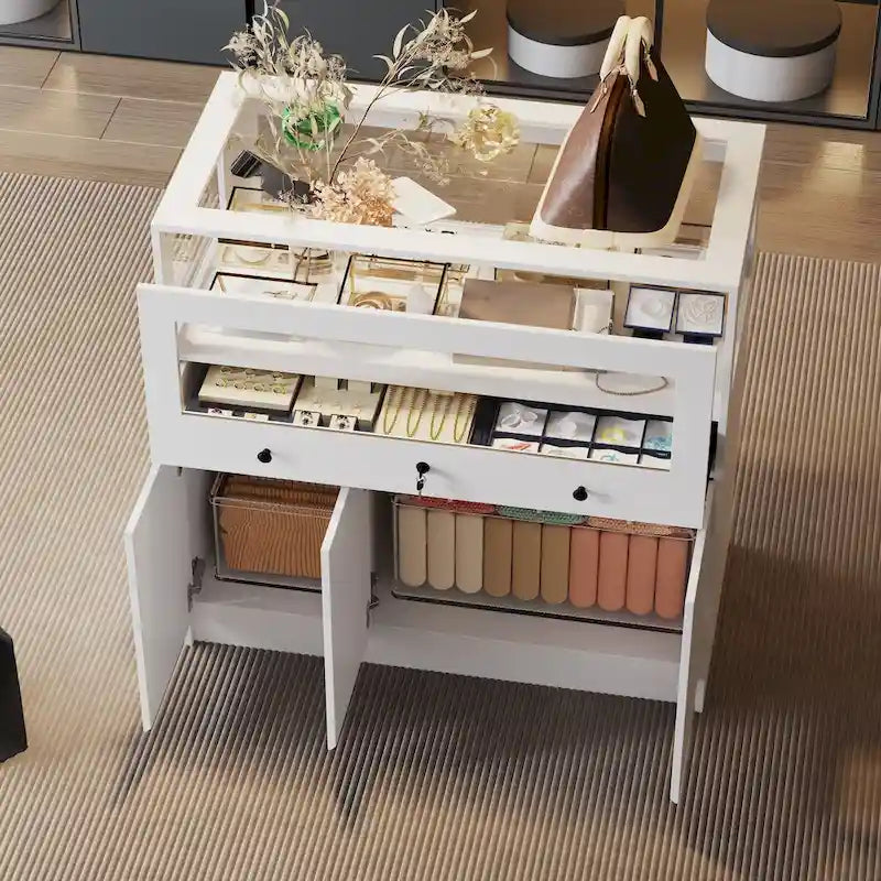Vitrina de Cristal Blanca con Cajones y Puertas con Cerradura, 1 Persona