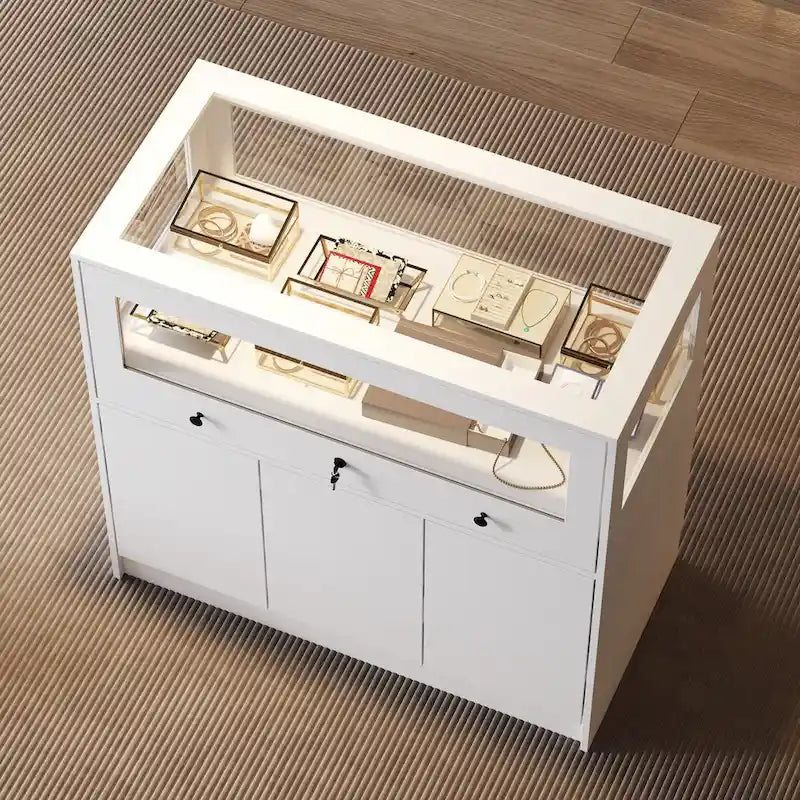 Vitrina de Cristal Blanca con Cajones y Puertas con Cerradura, 1 Persona