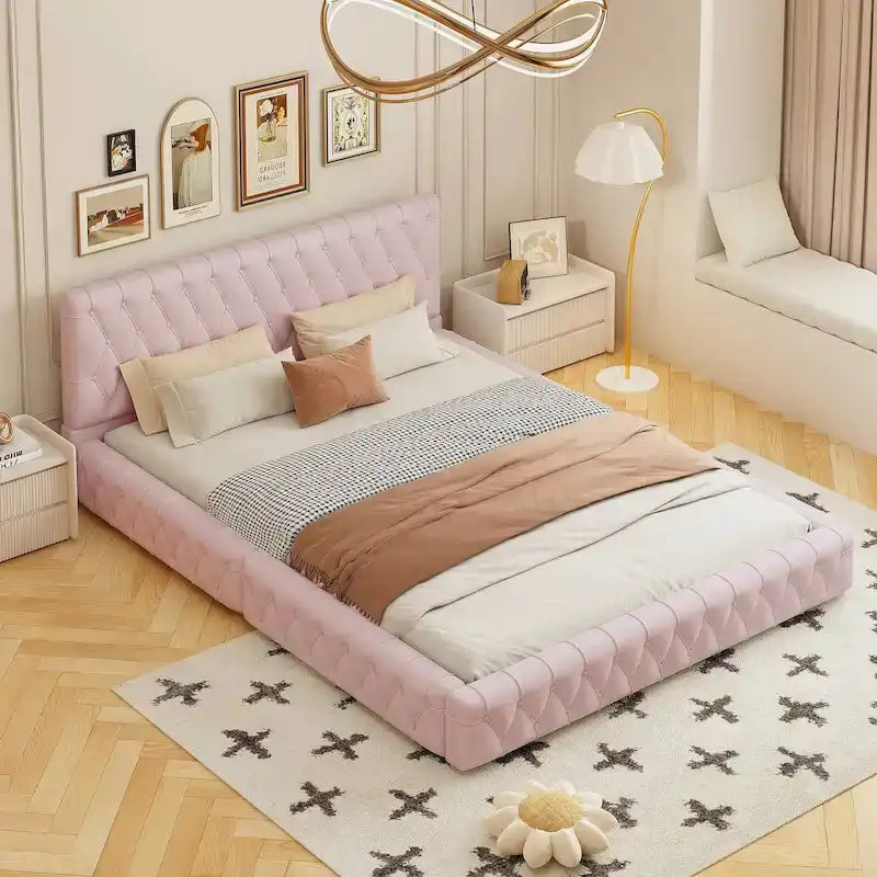 Cama con cabecero tapizado de terciopelo rosa/blanco – Queen, 1 persona