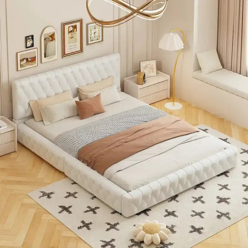 Cama con cabecero tapizado de terciopelo rosa/blanco – Queen, 1 persona
