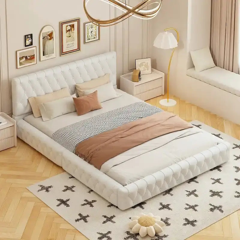 Cama con cabecero tapizado de terciopelo rosa/blanco – Queen, 1 persona