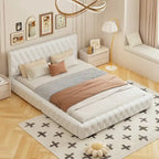 Cama con cabecero tapizado de terciopelo rosa/blanco – Queen, 1 persona