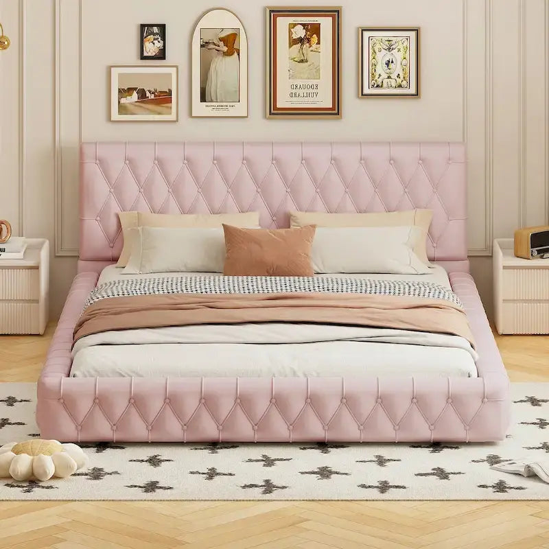 Cama con cabecero tapizado de terciopelo rosa/blanco – Queen, 1 persona
