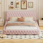 Cama con cabecero tapizado de terciopelo rosa/blanco – Queen, 1 persona