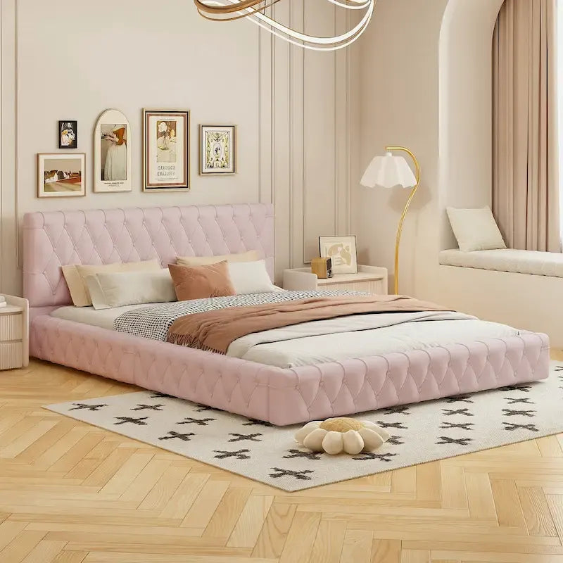 Cama con cabecero tapizado de terciopelo rosa/blanco – Queen, 1 persona