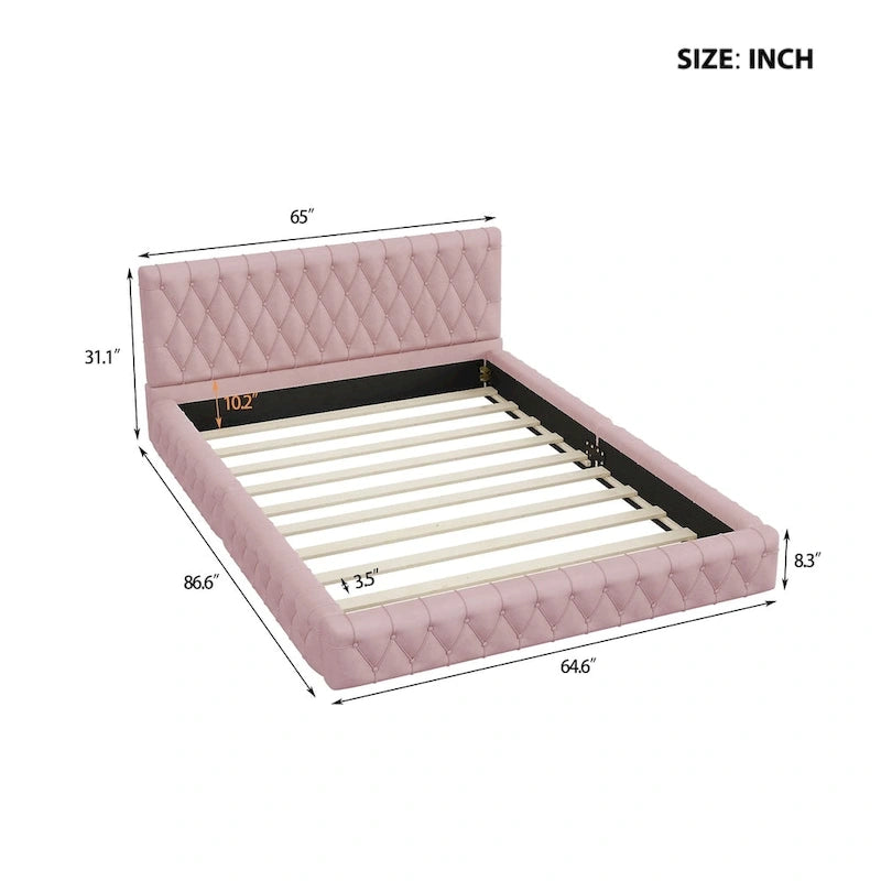 Cama con cabecero tapizado de terciopelo rosa/blanco – Queen, 1 persona