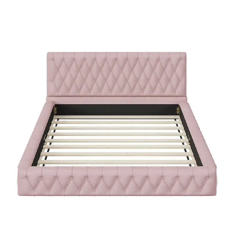 Cama con cabecero tapizado de terciopelo rosa/blanco – Queen, 1 persona