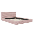 Cama con cabecero tapizado de terciopelo rosa/blanco – Queen, 1 persona