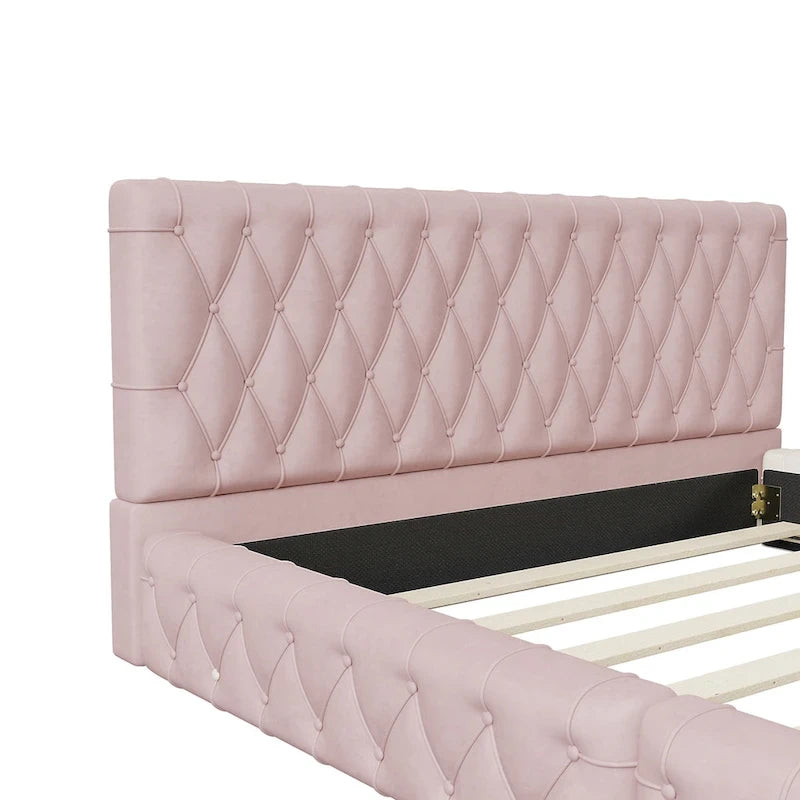 Cama con cabecero tapizado de terciopelo rosa/blanco – Queen, 1 persona