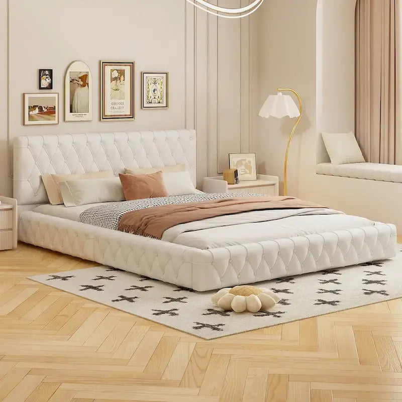 Cama con cabecero tapizado de terciopelo rosa/blanco – Queen, 1 persona