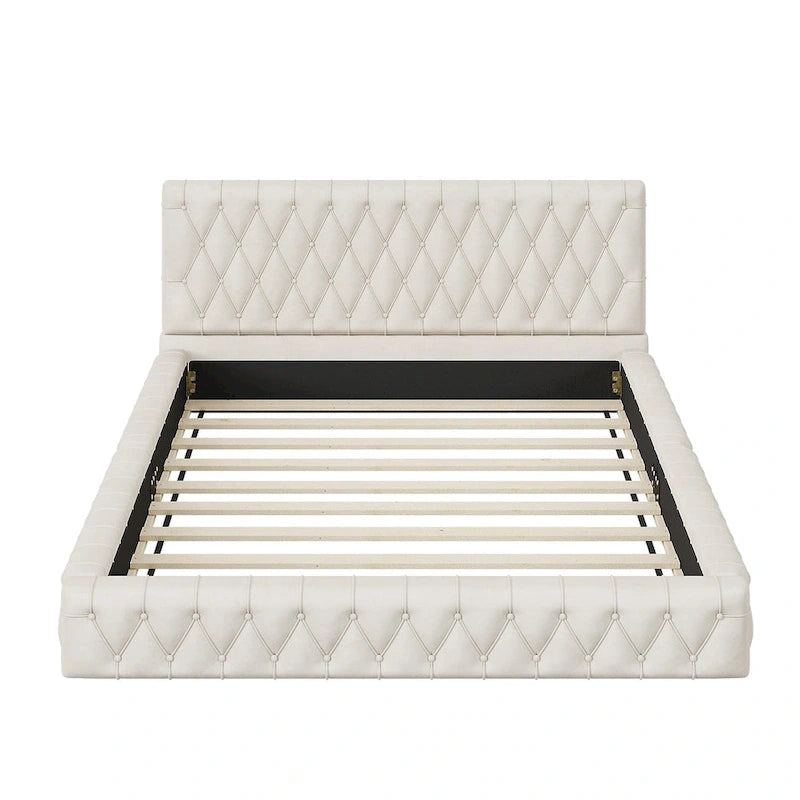Cama con cabecero tapizado de terciopelo rosa/blanco – Queen, 1 persona