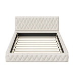 Cama con cabecero tapizado de terciopelo rosa/blanco – Queen, 1 persona