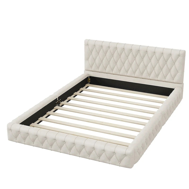 Cama con cabecero tapizado de terciopelo rosa/blanco – Queen, 1 persona