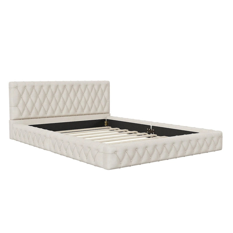 Cama con cabecero tapizado de terciopelo rosa/blanco – Queen, 1 persona