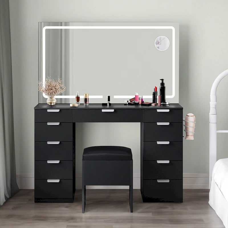 Tocador Blanco y Negro con Espejo LED, 11 Cajones, 1 Persona