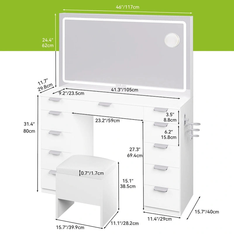 Tocador Blanco y Negro con Espejo LED, 11 Cajones, 1 Persona