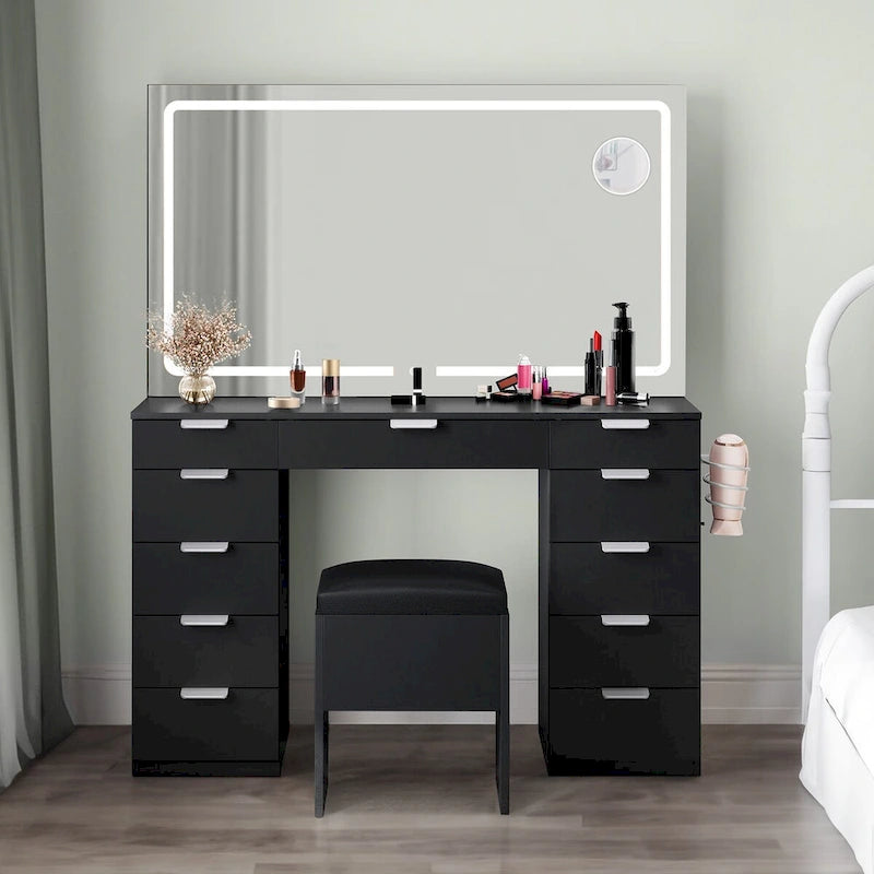 Tocador Blanco y Negro con Espejo LED, 11 Cajones, 1 Persona