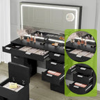 Tocador Blanco y Negro con Espejo LED, 11 Cajones, 1 Persona