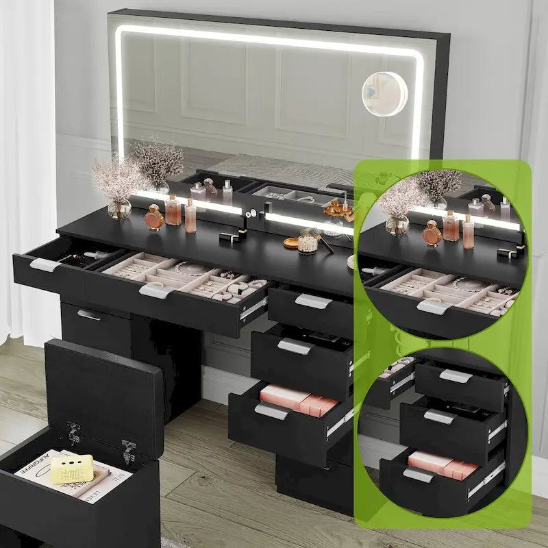 Tocador Blanco y Negro con Espejo LED, 11 Cajones, 1 Persona