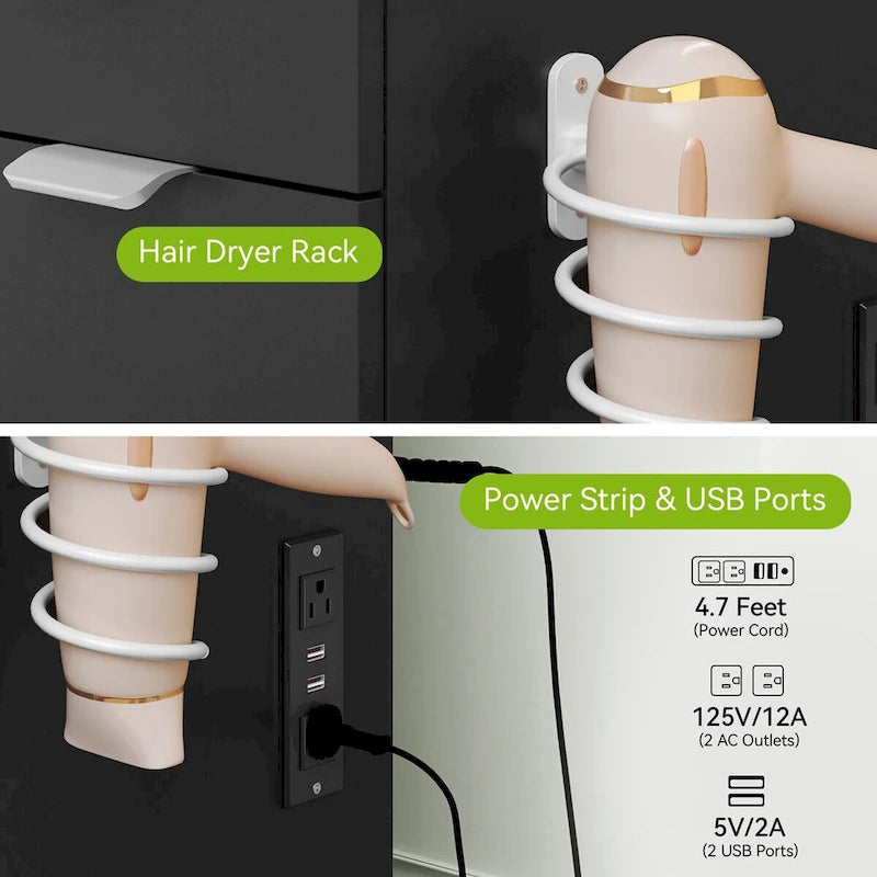 Tocador Blanco y Negro con Espejo LED, 11 Cajones, 1 Persona