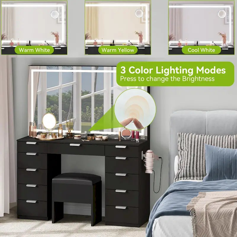 Tocador Blanco y Negro con Espejo LED, 11 Cajones, 1 Persona
