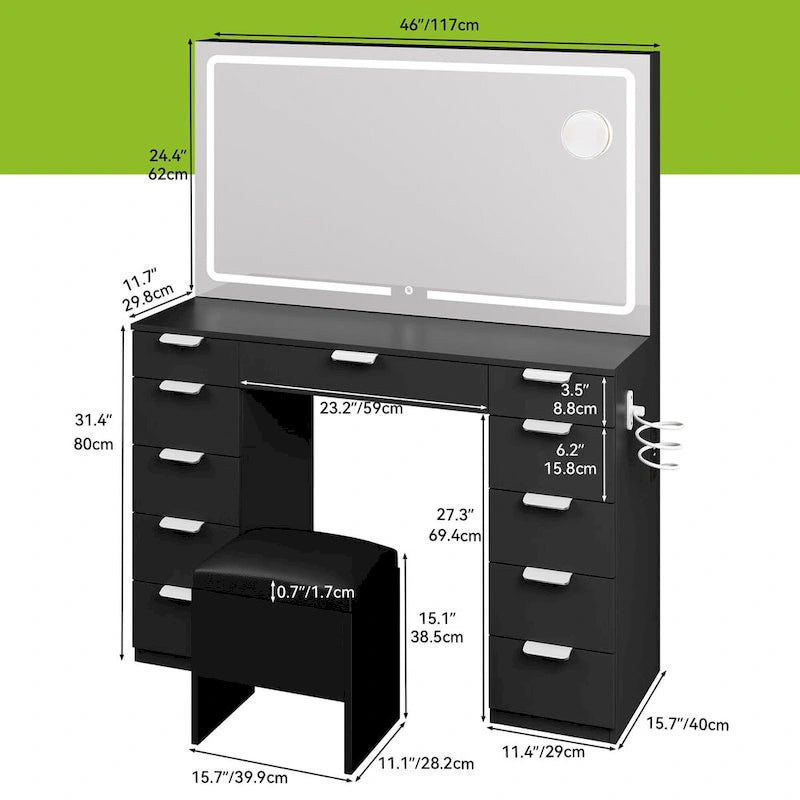 Tocador Blanco y Negro con Espejo LED, 11 Cajones, 1 Persona