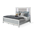 Cama King de Terciopelo Plateado con LED y Detalles de Espejo, 2 Personas