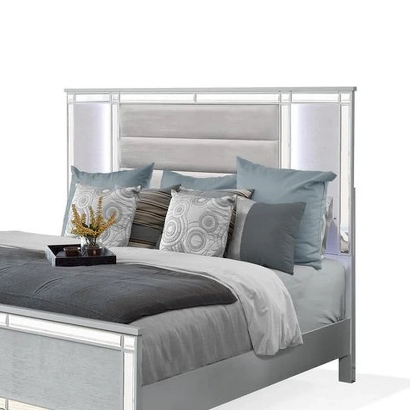 Cama King de Terciopelo Plateado con LED y Detalles de Espejo, 2 Personas