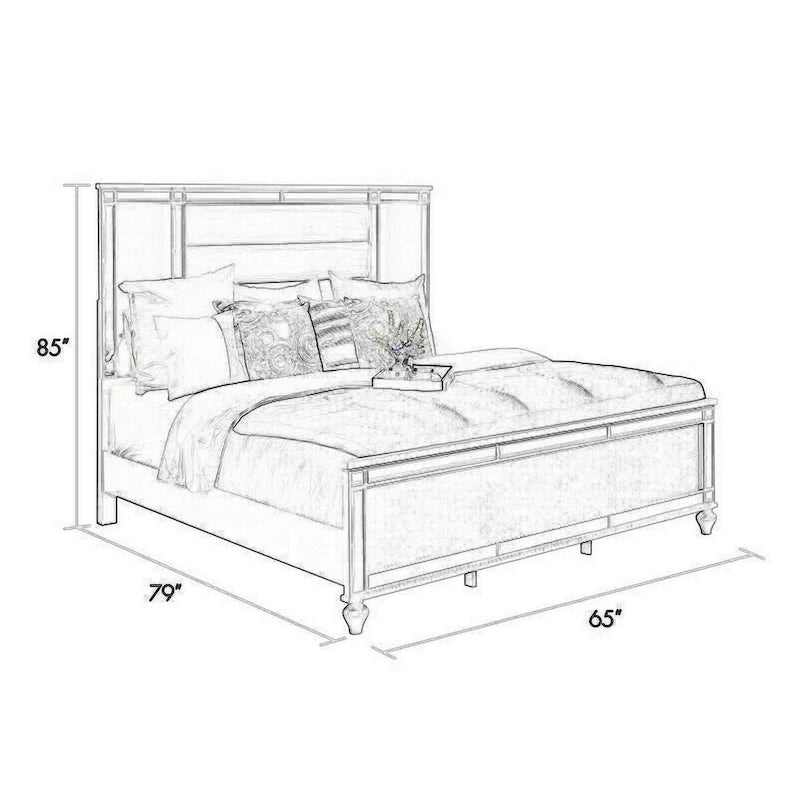 Cama King de Terciopelo Plateado con LED y Detalles de Espejo, 2 Personas