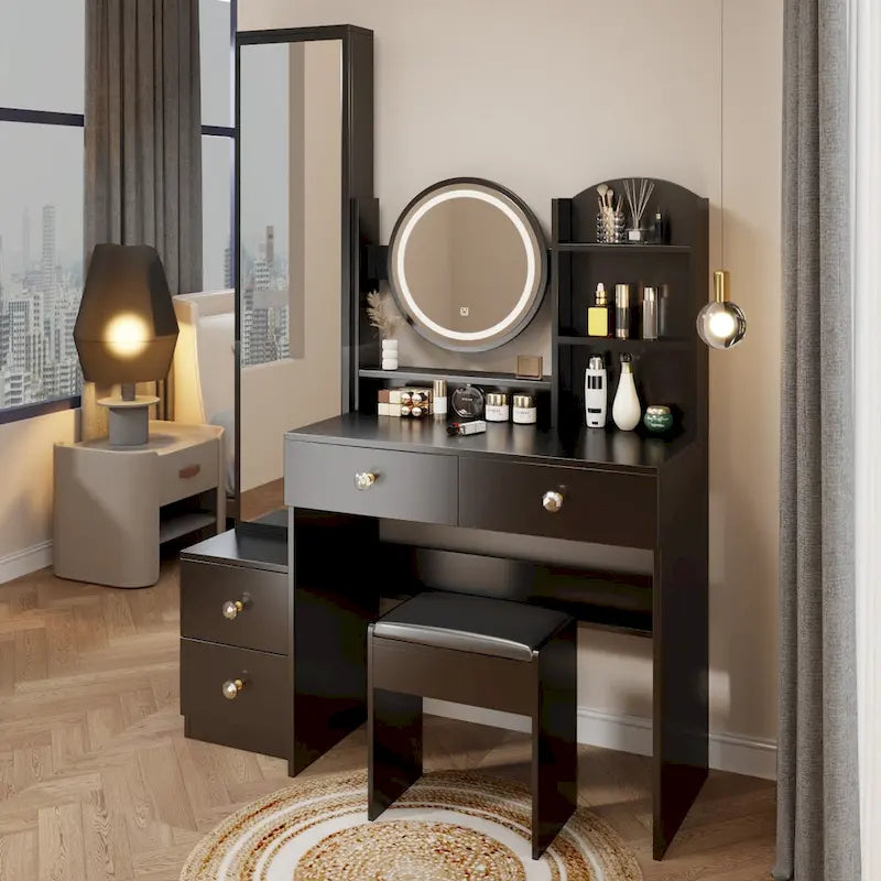 Tocador blanco/negro con espejo LED y taburete, 1 persona