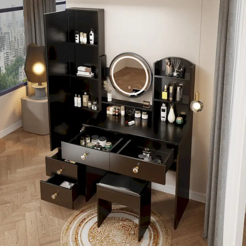 Tocador blanco/negro con espejo LED y taburete, 1 persona