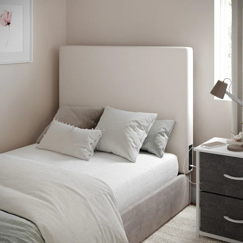 Cabecero tapizado gris/beige con estación de carga – para 1-2 personas