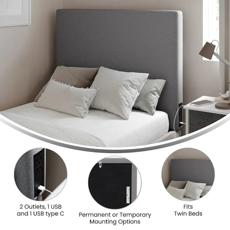Cabecero tapizado gris/beige con estación de carga – para 1-2 personas