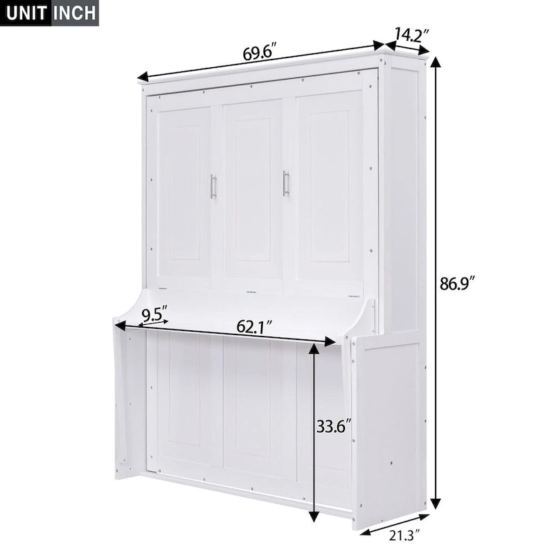 Cama de pared Murphy individual con estante, blanca, Queen