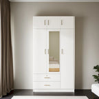 Armario de 3 puertas con espejo, 2 cajones y gabinete superior, gris/blanco, 1 persona