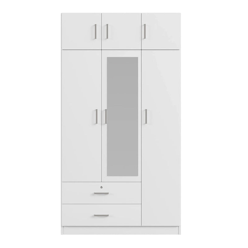 Armario de 3 puertas con espejo, 2 cajones y gabinete superior, gris/blanco, 1 persona