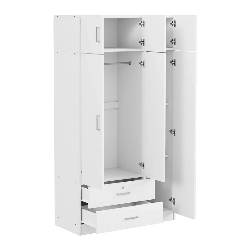 Armario de 3 puertas con espejo, 2 cajones y gabinete superior, gris/blanco, 1 persona