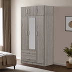 Armario de 3 puertas con espejo, 2 cajones y gabinete superior, gris/blanco, 1 persona