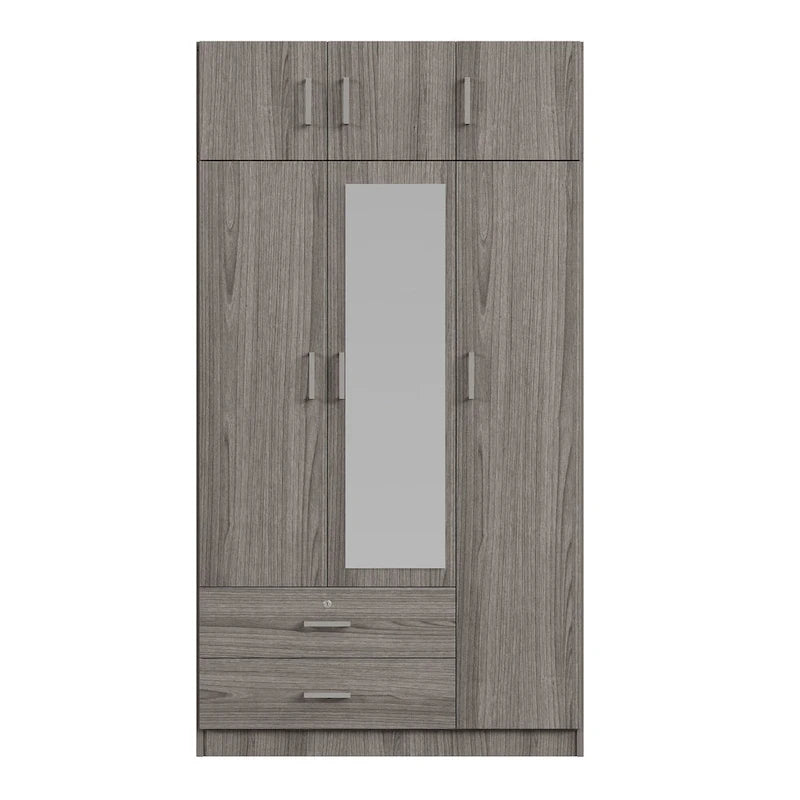 Armario de 3 puertas con espejo, 2 cajones y gabinete superior, gris/blanco, 1 persona