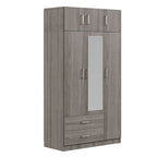 Armario de 3 puertas con espejo, 2 cajones y gabinete superior, gris/blanco, 1 persona
