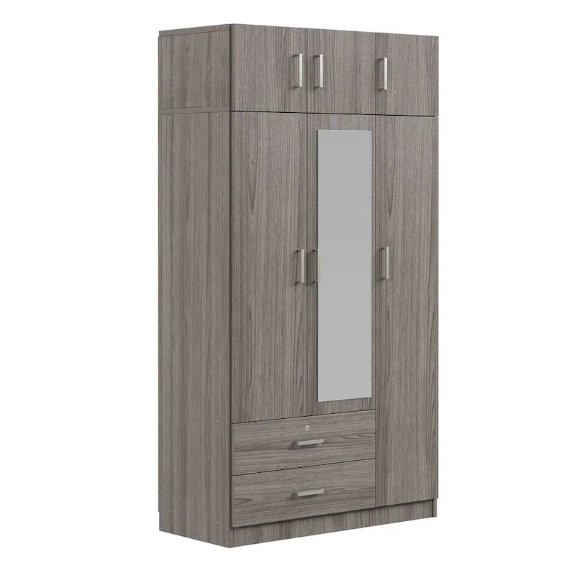 Armario de 3 puertas con espejo, 2 cajones y gabinete superior, gris/blanco, 1 persona