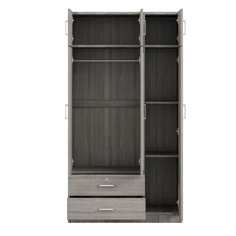 Armario de 3 puertas con espejo, 2 cajones y gabinete superior, gris/blanco, 1 persona
