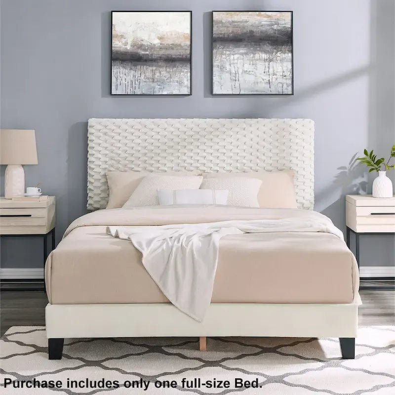 Cama con plataforma tapizada 3D White Dove de felpa – Individual / Matrimonial / Queen, 1 persona