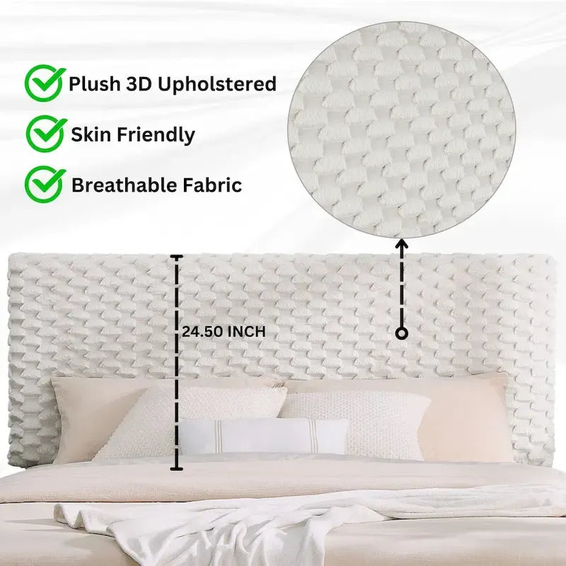 Cama con plataforma tapizada 3D White Dove de felpa – Individual / Matrimonial / Queen, 1 persona