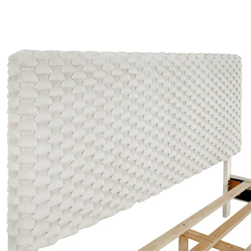 Cama con plataforma tapizada 3D White Dove de felpa – Individual / Matrimonial / Queen, 1 persona