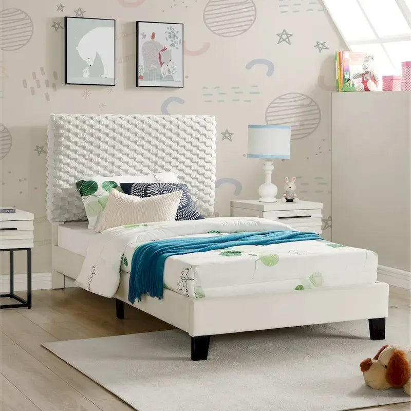 Cama con plataforma tapizada 3D White Dove de felpa – Individual / Matrimonial / Queen, 1 persona